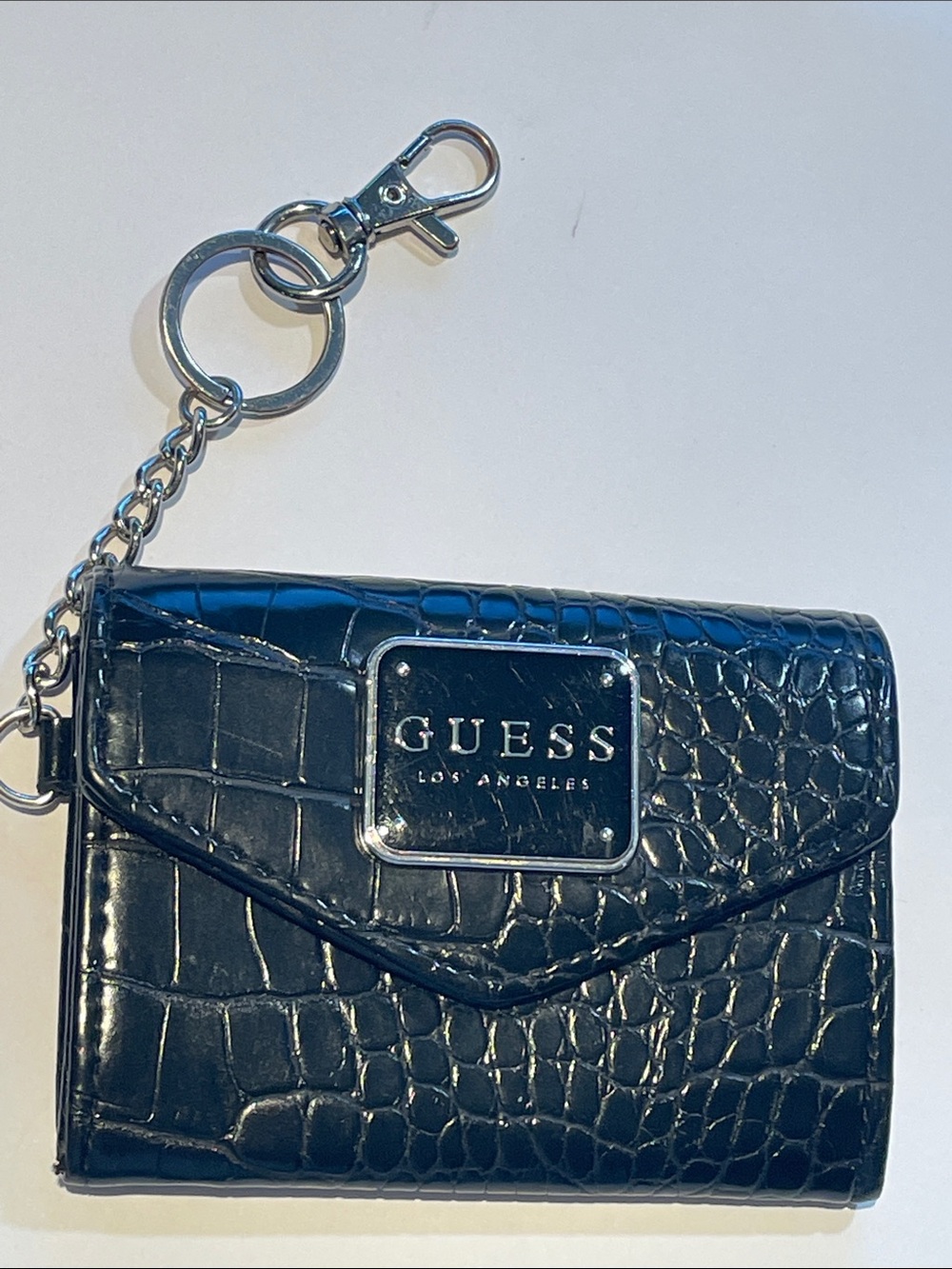 Guess Black Croc-Embossed Keychain Wallet with Silver Hardware